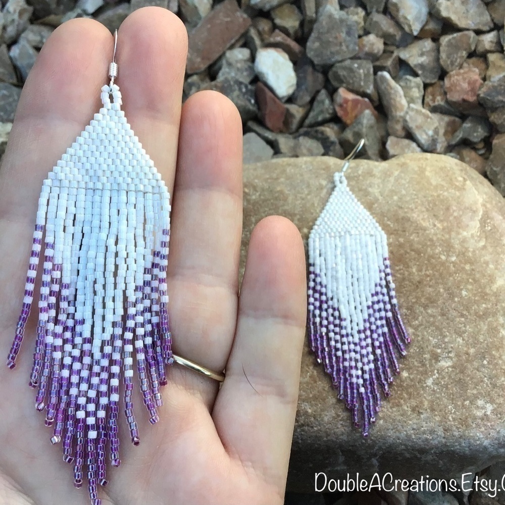 Purple Rainbow Lined and White Beaded Earrings, New, Handmade by Me - Picture 3 of 7